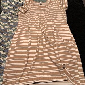 Striped Ribbed Tee Dress in Beige and White